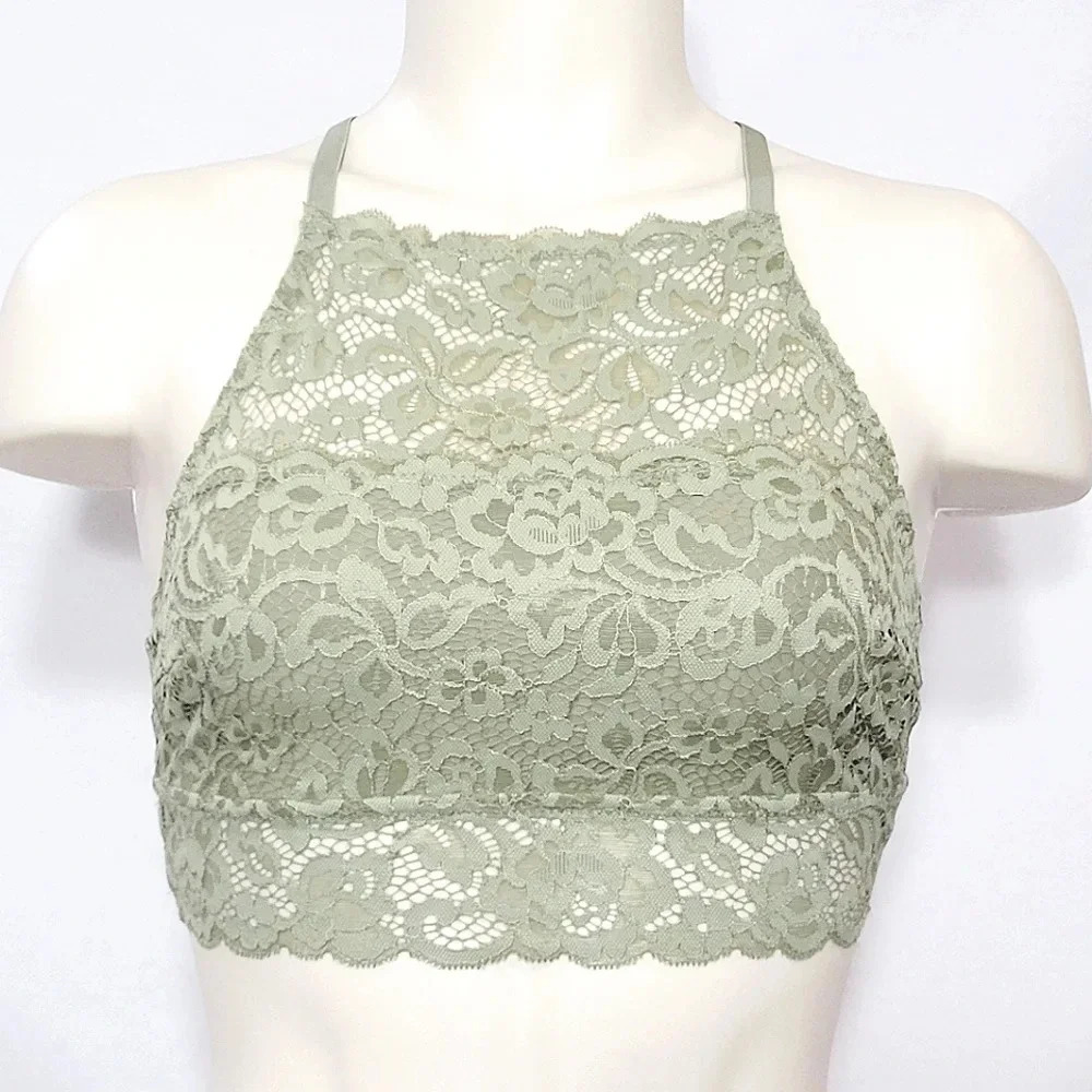 XS X-SMALL Xhilaration Wire Free High‎ Neck T-Back Lace Bra Bralette Green NWT